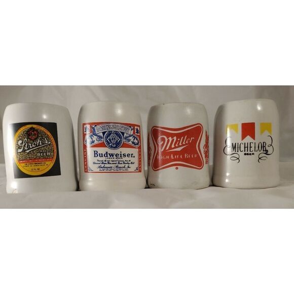 Beer Mugs Shot Glasses Lot of 4 Barware Budweiser Miller Strohs Michelob Mancave - Picture 1 of 12